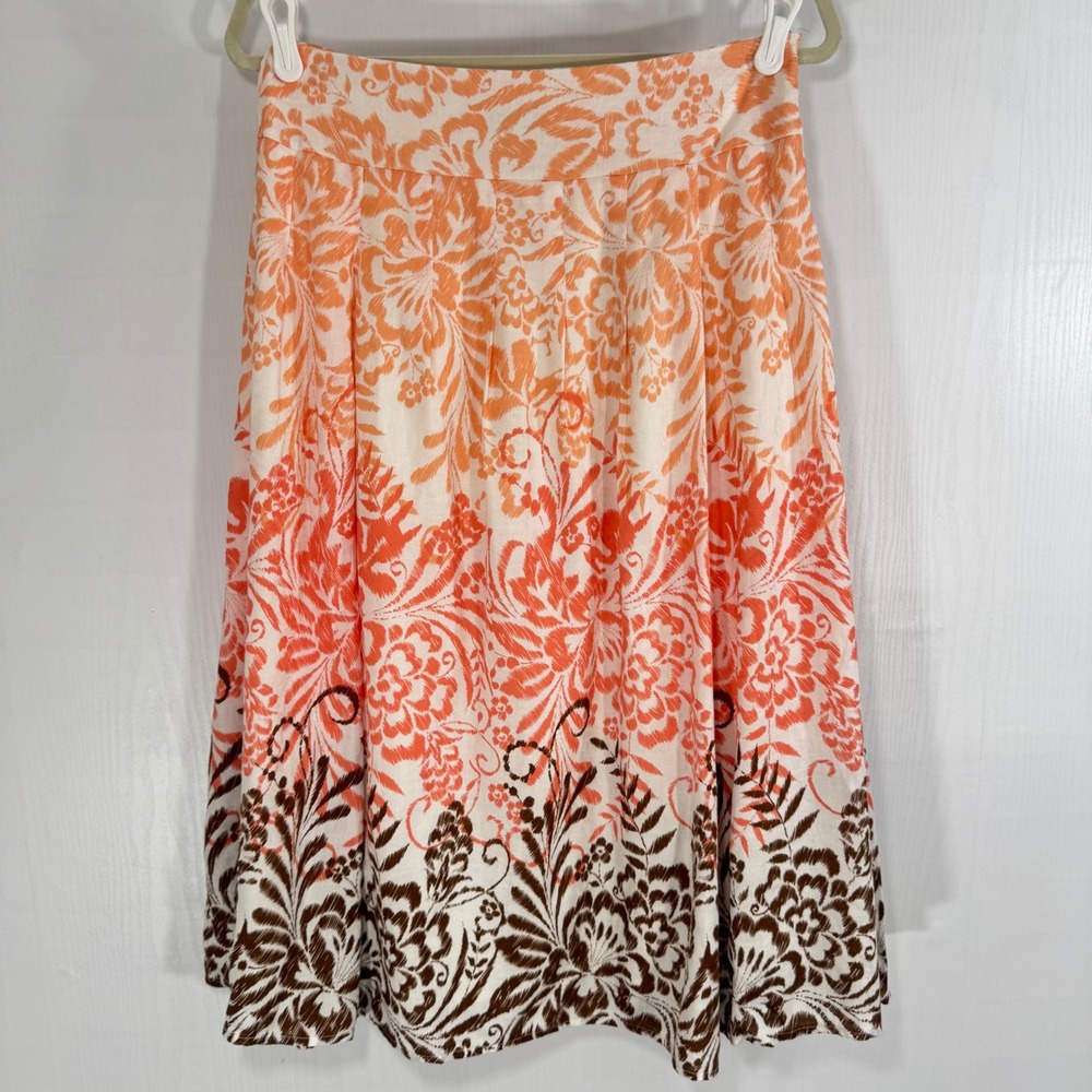 Coldwater Creek Floral boho Pleated Midi Skirt A-Line Orange Brown Women Size S